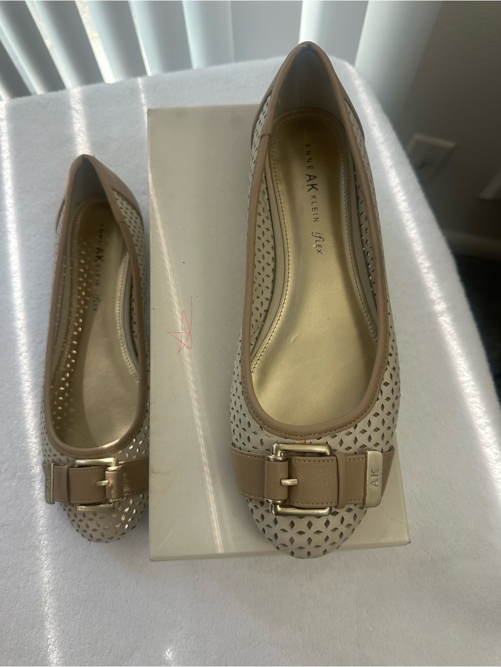 Anne Klein Nude Perforated Leather Ballet Flats with Gold Buckled